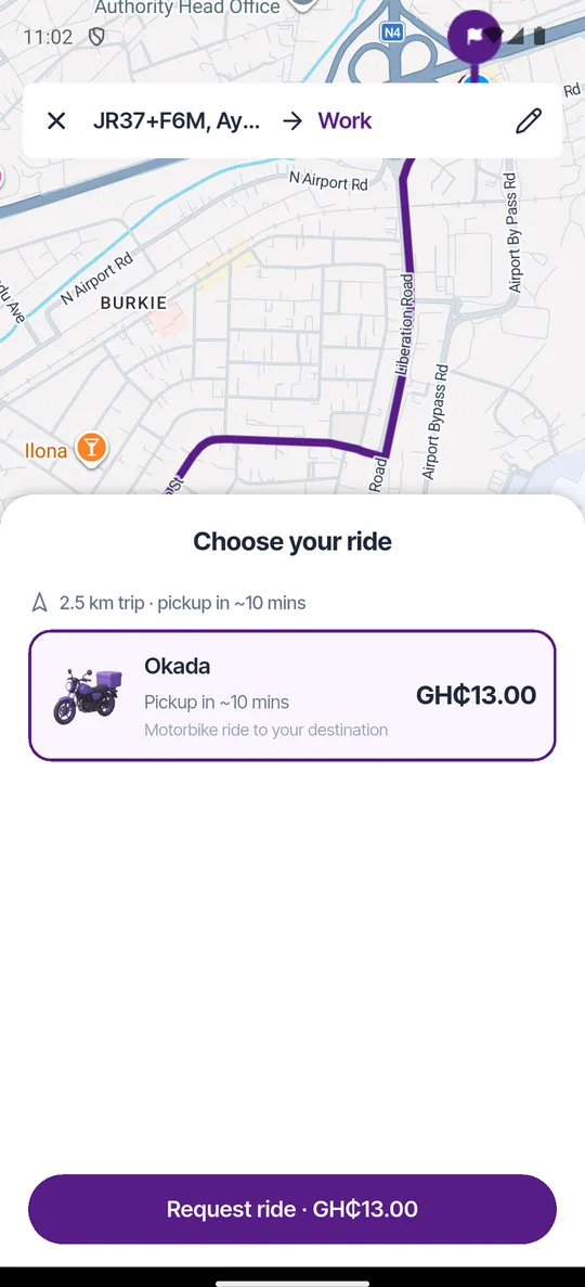 Booking an Okada ride in the Razzo app showing the trip distance, pickup time and fare
