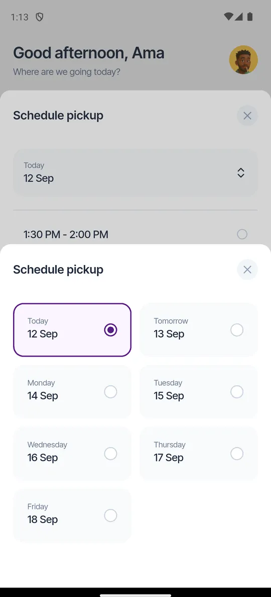 Choosing a day for a scheduled pickup in the Razzo app, showing today, tomorrow and the days after